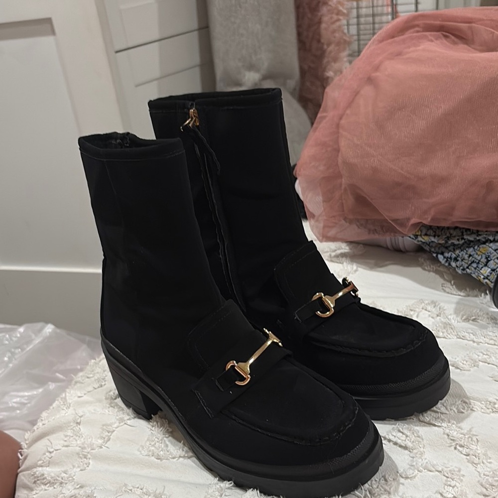 Black Combat Moto Boots with Gold Buckle